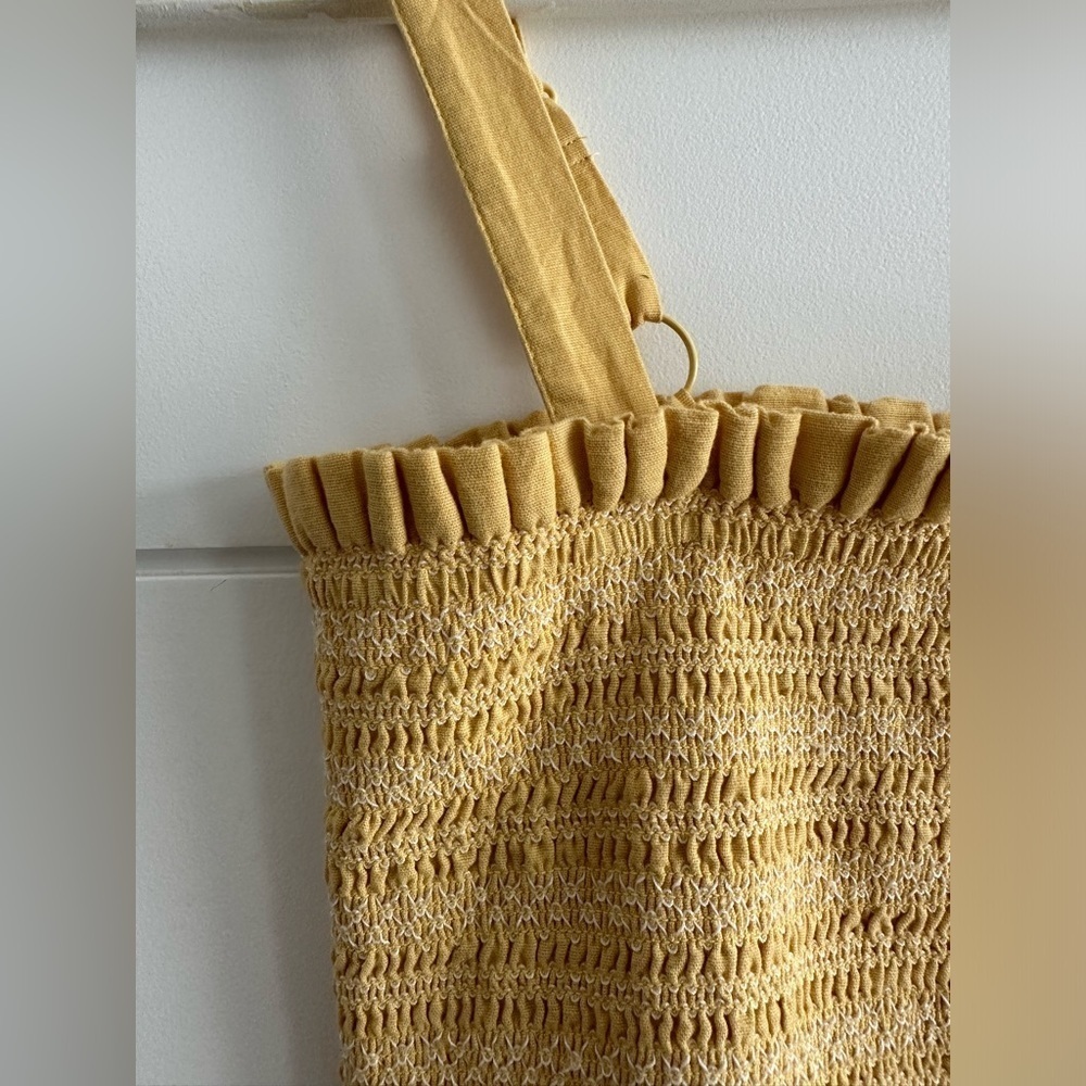 Linen Smocked Knee Length Dress - Yellow/ White Size: Estimate XS/S - Picture 3 of 14